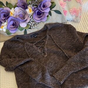 American Eagle Outfitters Brown Lace-Up V-Neck Knit Sweater
